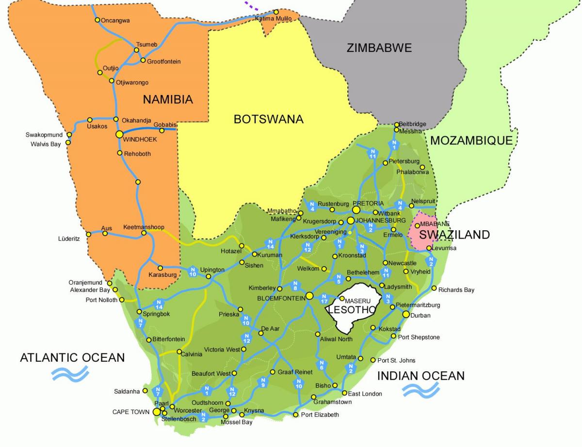 карта на Лесото и Южна Африка